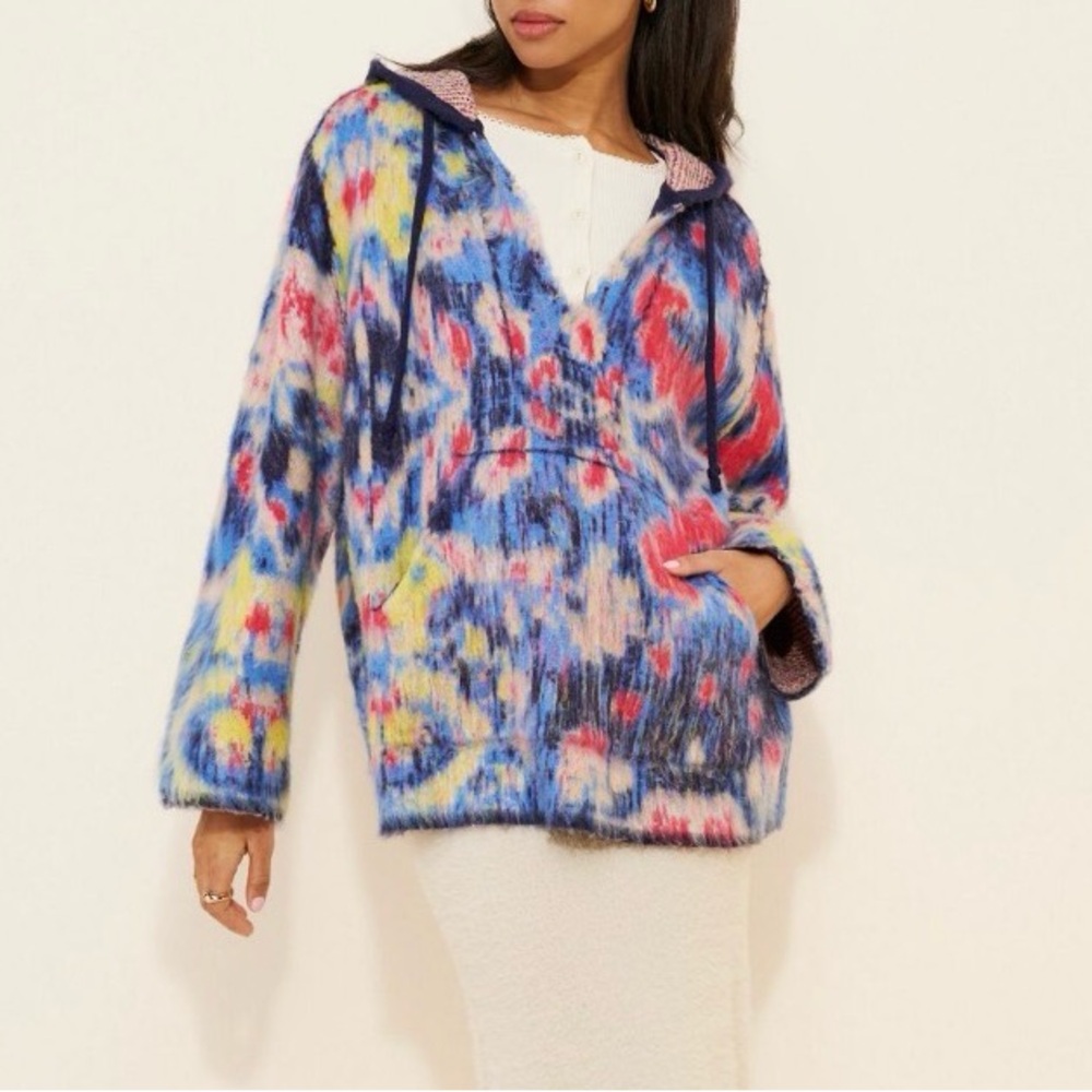 Anthropologie Abstract Fuzzy Knit Hoodie Oversized Sweater Colorful Ikat S/M